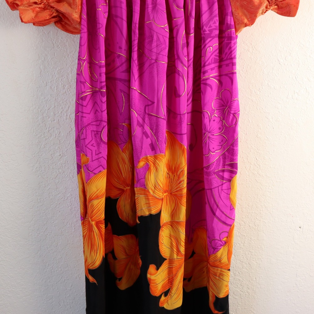 Vintage Handsewn Micronesian Dress Floral Orange Pink Square Neck Puff Sleeve - Picture 5 of 15